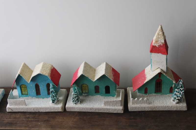 photo of vintage Japan Christmas village putz houses, churches lot, cardboard w/ mica snow & sponge trees #18