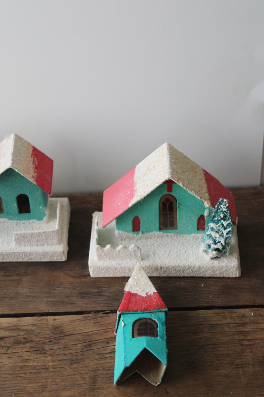 photo of vintage Japan Christmas village putz houses, churches lot, cardboard w/ mica snow & sponge trees #21