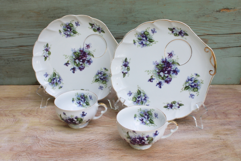 photo of vintage Japan Dragon china, violets floral snack tray plates & tea cups set for 2 #1