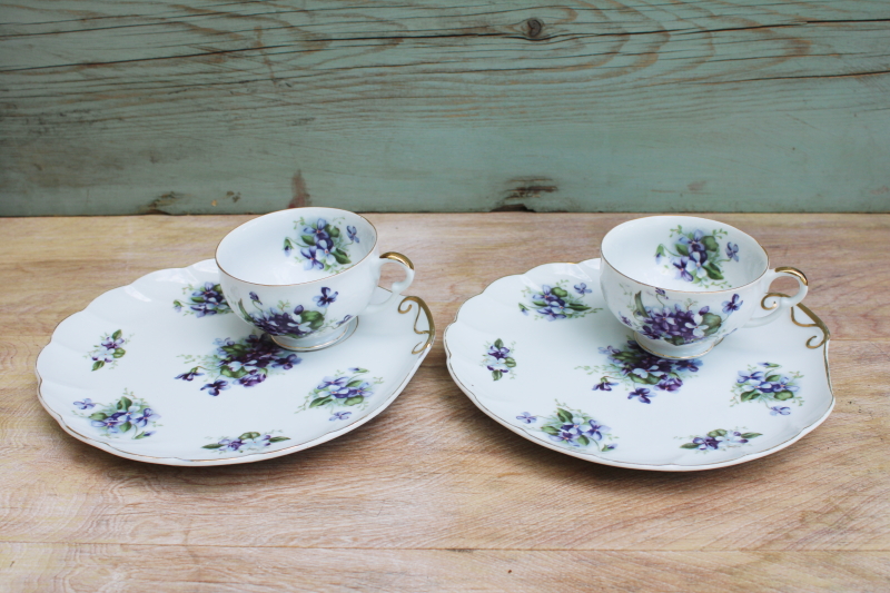 photo of vintage Japan Dragon china, violets floral snack tray plates & tea cups set for 2 #4