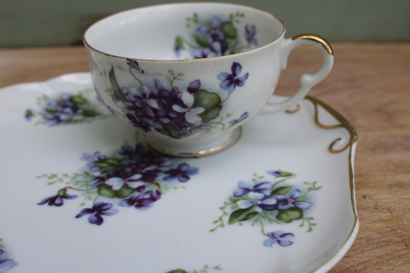 photo of vintage Japan Dragon china, violets floral snack tray plates & tea cups set for 2 #5