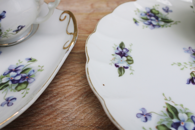 photo of vintage Japan Dragon china, violets floral snack tray plates & tea cups set for 2 #6