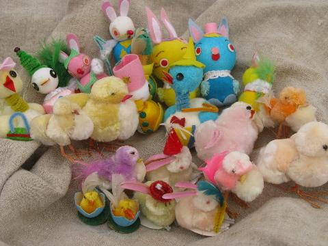 photo of vintage Japan Easter decorations, spun cotton and chenille chicks, bunnies #1