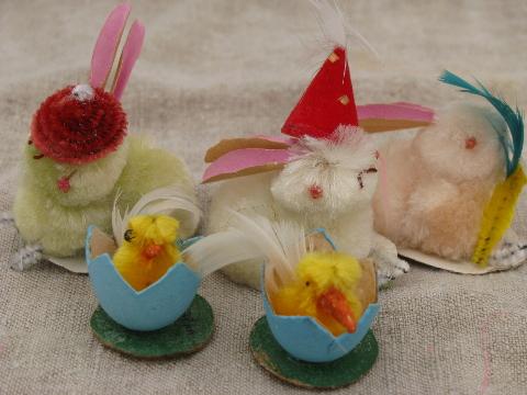 photo of vintage Japan Easter decorations, spun cotton and chenille chicks, bunnies #2