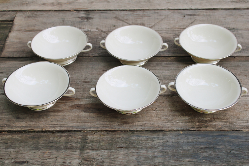 photo of vintage Japan Fine Arts china, Classic Dignity ivory porcelain cream soup bowls or bouillon cups, double handle shape #2