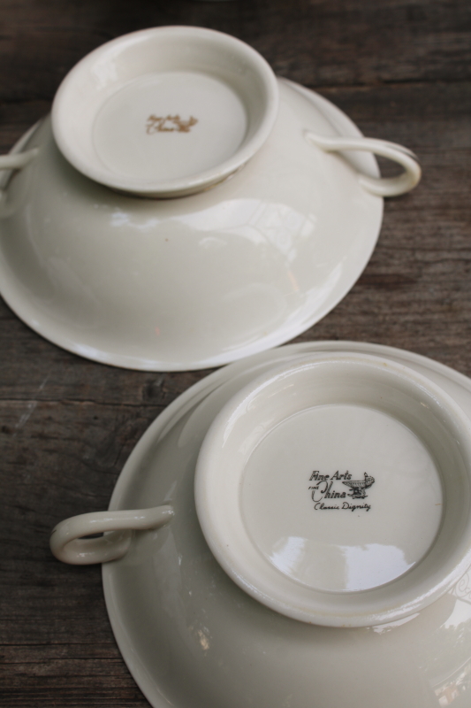 photo of vintage Japan Fine Arts china, Classic Dignity ivory porcelain cream soup bowls or bouillon cups, double handle shape #8