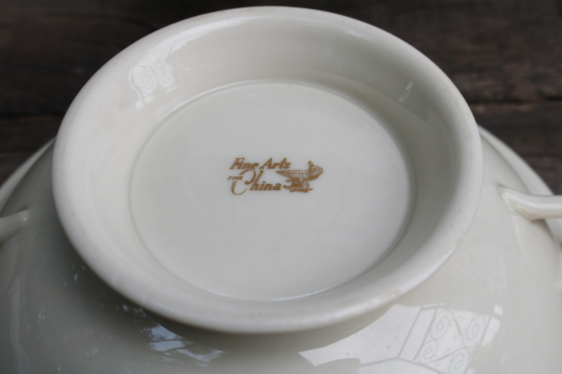 photo of vintage Japan Fine Arts china, Classic Dignity ivory porcelain cream soup bowls or bouillon cups, double handle shape #9
