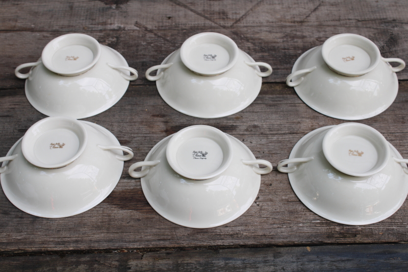 photo of vintage Japan Fine Arts china, Classic Dignity ivory porcelain cream soup bowls or bouillon cups, double handle shape #11