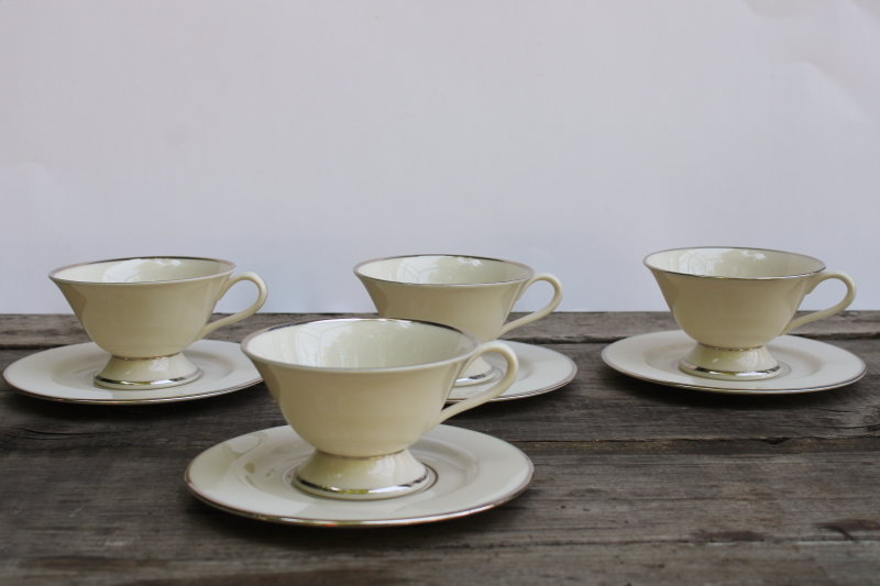 photo of vintage Japan Fine Arts china Classic Dignity platinum silver band ivory porcelain tea cups & saucers  #1