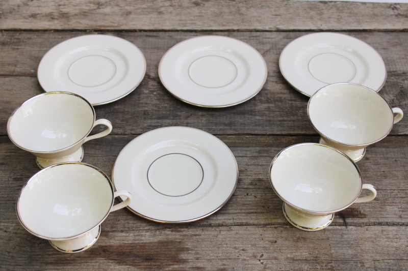 photo of vintage Japan Fine Arts china Classic Dignity platinum silver band ivory porcelain tea cups & saucers #2
