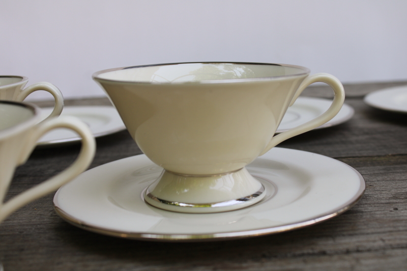 photo of vintage Japan Fine Arts china Classic Dignity platinum silver band ivory porcelain tea cups & saucers #4