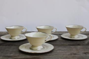 catalog photo of vintage Japan Fine Arts china Classic Dignity platinum silver band ivory porcelain tea cups & saucers 