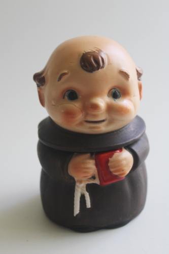 photo of vintage Japan Friar Tuck monk jam pot, hand painted ceramic jar w/ notched lid  #1