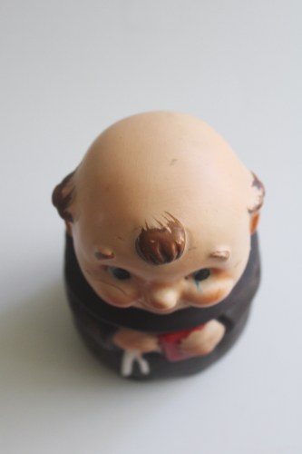 photo of vintage Japan Friar Tuck monk jam pot, hand painted ceramic jar w/ notched lid  #3