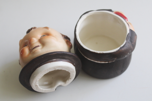 photo of vintage Japan Friar Tuck monk jam pot, hand painted ceramic jar w/ notched lid  #6