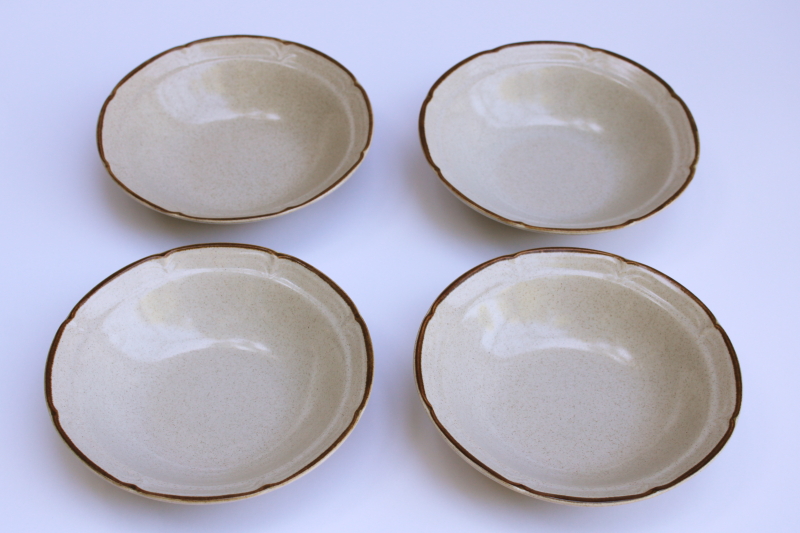 photo of vintage Japan Hearthside Baroque stoneware cereal bowls set of 4 plain tan speckled glaze w/ brown band  #1