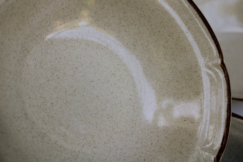 photo of vintage Japan Hearthside Baroque stoneware cereal bowls set of 4 plain tan speckled glaze w/ brown band  #2