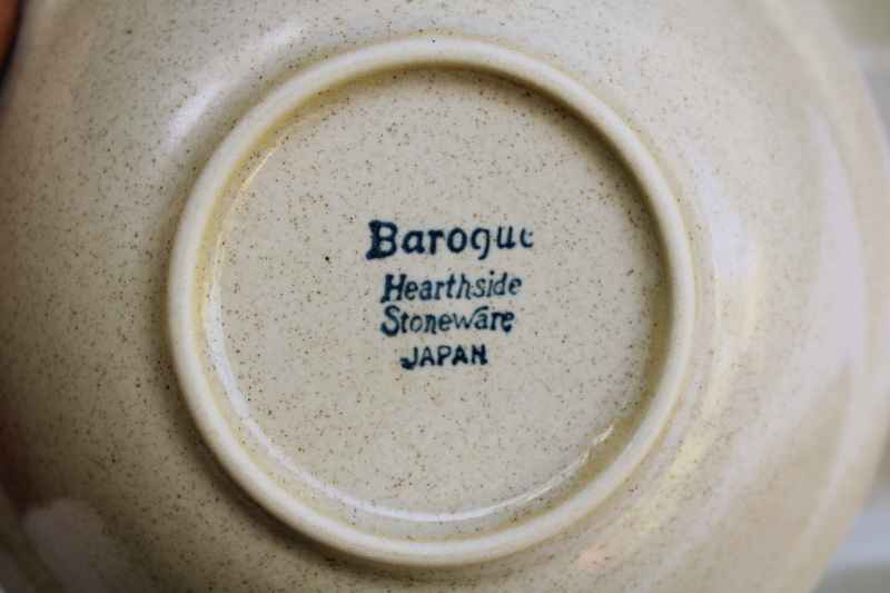 photo of vintage Japan Hearthside Baroque stoneware cereal bowls set of 4 plain tan speckled glaze w/ brown band  #3