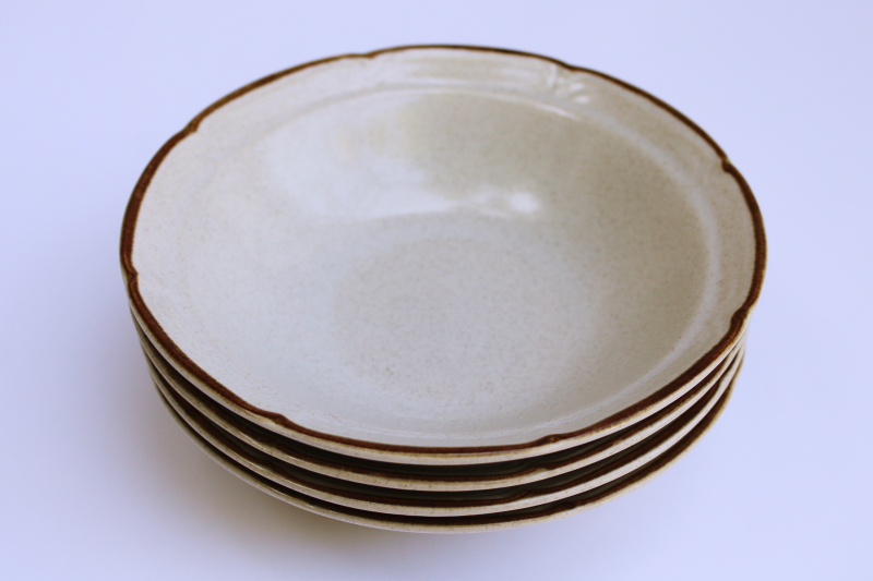 photo of vintage Japan Hearthside Baroque stoneware cereal bowls set of 4 plain tan speckled glaze w/ brown band  #5