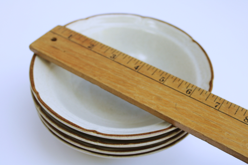 photo of vintage Japan Hearthside Baroque stoneware cereal bowls set of 4 plain tan speckled glaze w/ brown band  #6