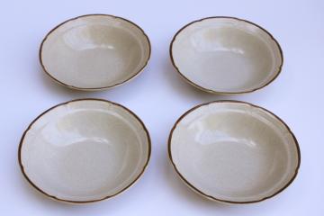 catalog photo of vintage Japan Hearthside Baroque stoneware cereal bowls set of 4 plain tan speckled glaze w/ brown band 