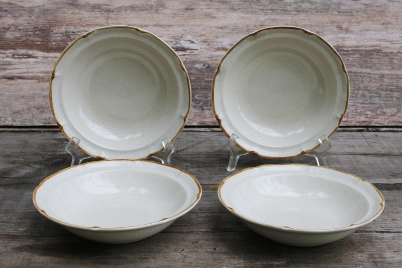 photo of vintage Japan Hearthside Baroque stoneware soup bowls set of 4 plain tan speckled glaze w/ brown band  #1