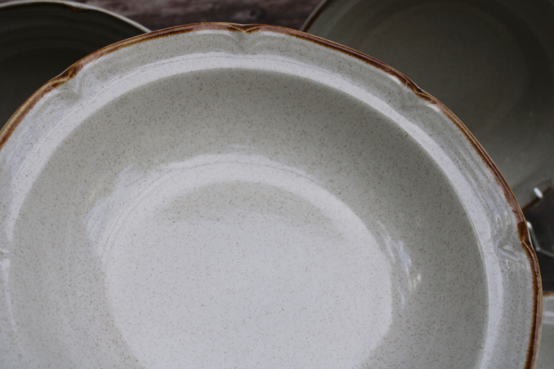photo of vintage Japan Hearthside Baroque stoneware soup bowls set of 4 plain tan speckled glaze w/ brown band  #2