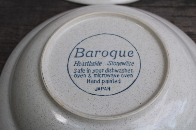 photo of vintage Japan Hearthside Baroque stoneware soup bowls set of 4 plain tan speckled glaze w/ brown band  #4