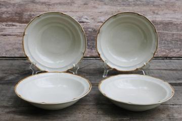 catalog photo of vintage Japan Hearthside Baroque stoneware soup bowls set of 4 plain tan speckled glaze w/ brown band 