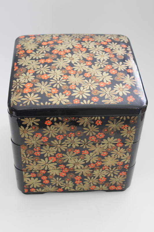 photo of vintage Japan Jubako stacking box, lacquer ware style black w/ gold and red #1