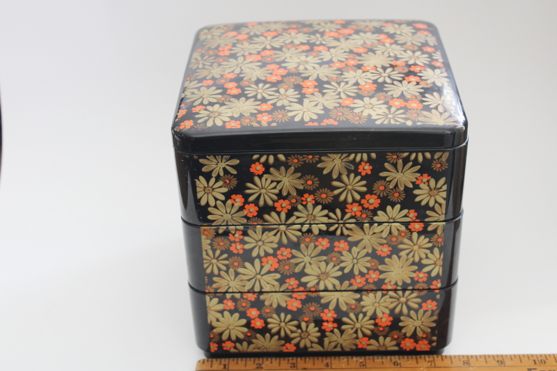 photo of vintage Japan Jubako stacking box, lacquer ware style black w/ gold and red #5