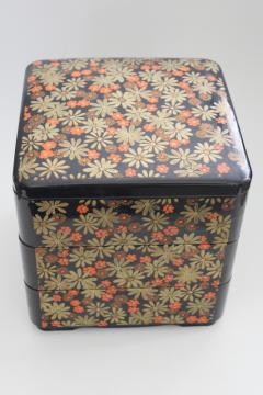 vintage Japan Jubako stacking box, lacquer ware style black w/ gold and red