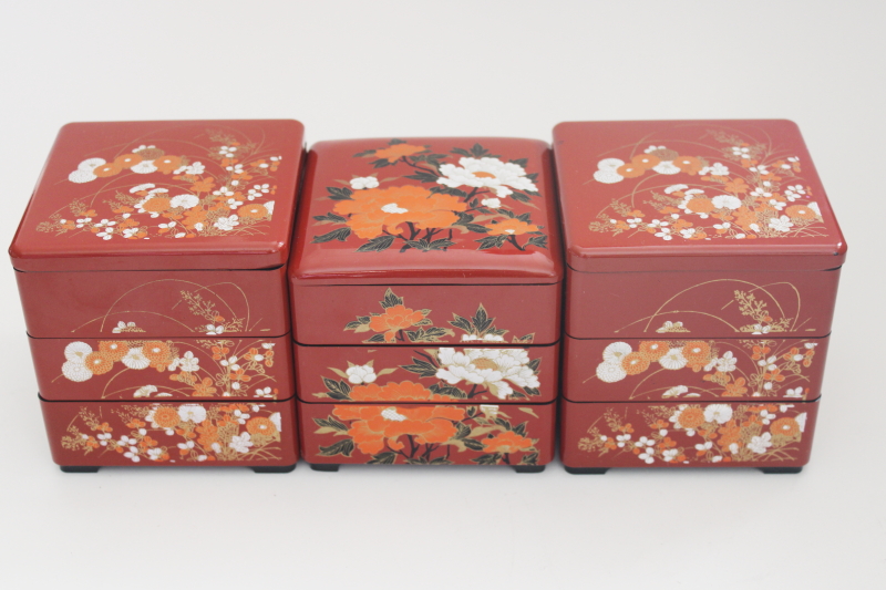 photo of vintage Japan Jubako stacking box, lacquer ware style cinnabar red w/ gold #1