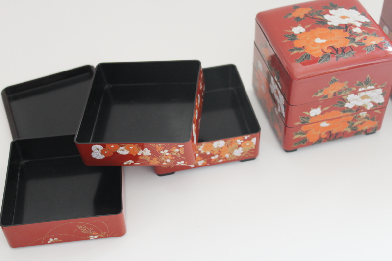 photo of vintage Japan Jubako stacking box, lacquer ware style cinnabar red w/ gold #3