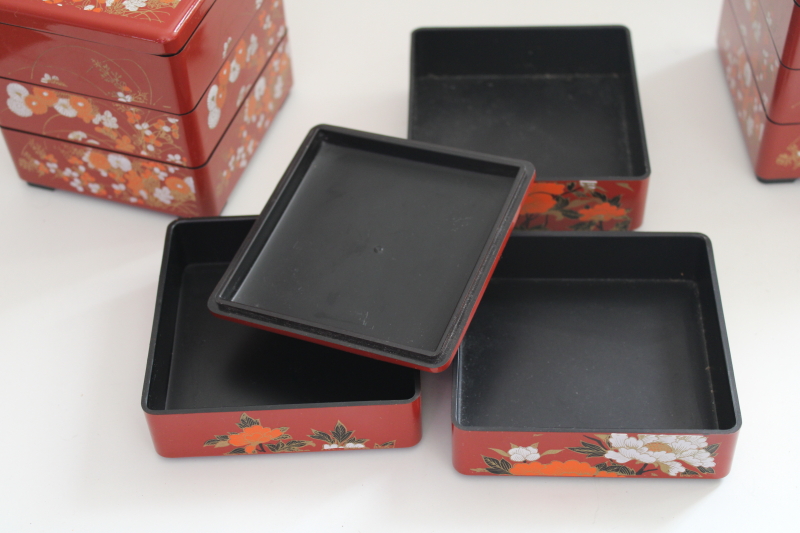 photo of vintage Japan Jubako stacking box, lacquer ware style cinnabar red w/ gold #4