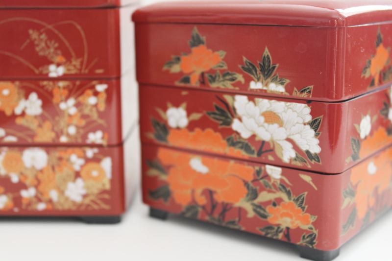 photo of vintage Japan Jubako stacking box, lacquer ware style cinnabar red w/ gold #6