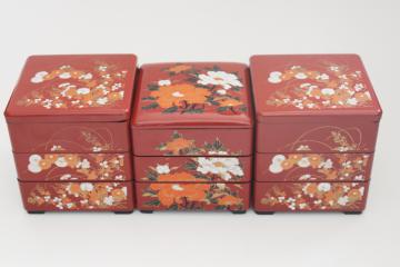 vintage Japan Jubako stacking box, lacquer ware style cinnabar red w/ gold