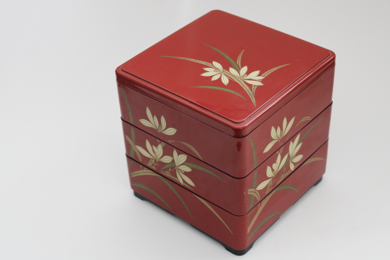 photo of vintage Japan Jubako stacking box, lacquer ware style cinnabar red w/ gold #1