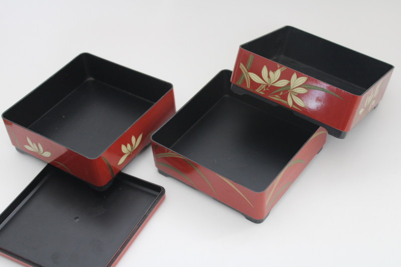 photo of vintage Japan Jubako stacking box, lacquer ware style cinnabar red w/ gold #3