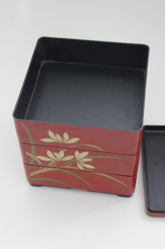 photo of vintage Japan Jubako stacking box, lacquer ware style cinnabar red w/ gold #4