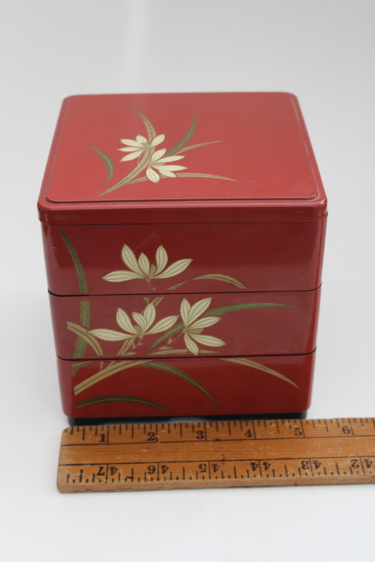 photo of vintage Japan Jubako stacking box, lacquer ware style cinnabar red w/ gold #6