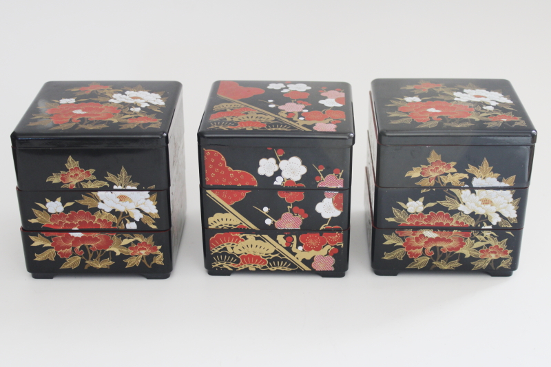 photo of vintage Japan Jubako stacking boxes, trio set lacquer ware style black w/ red & gold #1