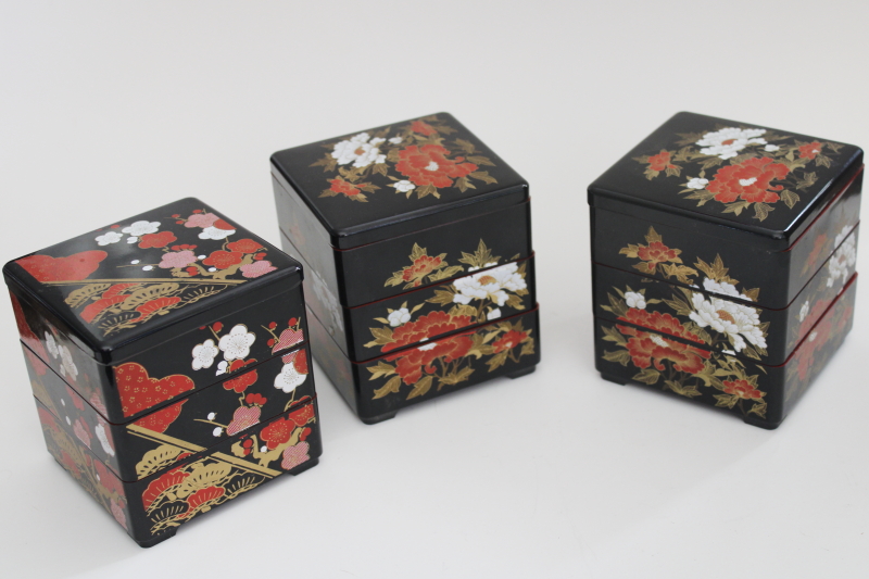 photo of vintage Japan Jubako stacking boxes, trio set lacquer ware style black w/ red & gold #2