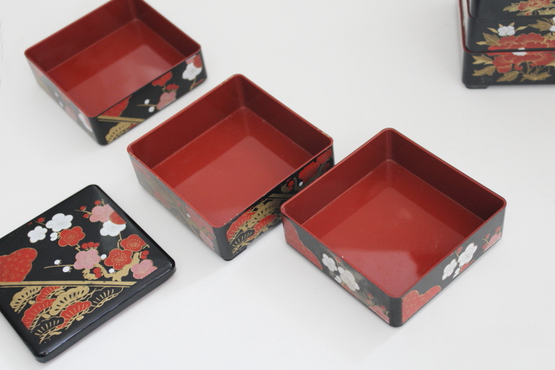 photo of vintage Japan Jubako stacking boxes, trio set lacquer ware style black w/ red & gold #3