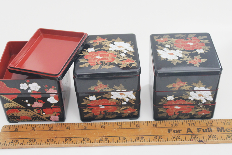 photo of vintage Japan Jubako stacking boxes, trio set lacquer ware style black w/ red & gold #6