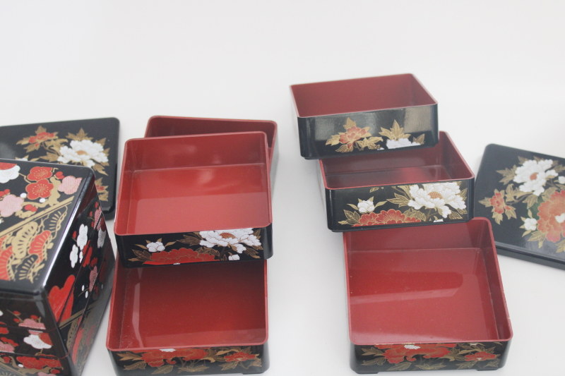 photo of vintage Japan Jubako stacking boxes, trio set lacquer ware style black w/ red & gold #7