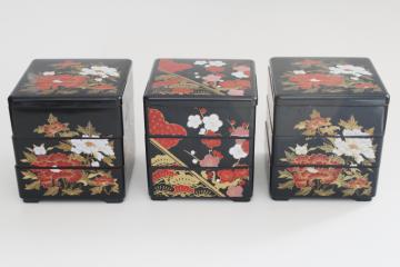 vintage Japan Jubako stacking boxes, trio set lacquer ware style black w/ red & gold