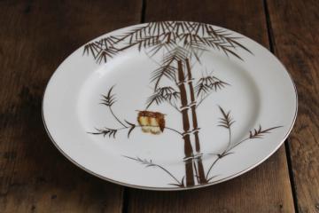 catalog photo of vintage Japan Kutani ware hand painted china plate, silver bamboo w/ pair of tiny owls