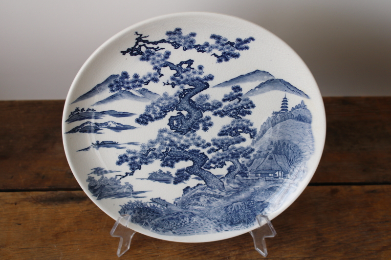 photo of vintage Japan Nara blue & white china plate, rural mountain scene w/ ancient tree & cottage  #1