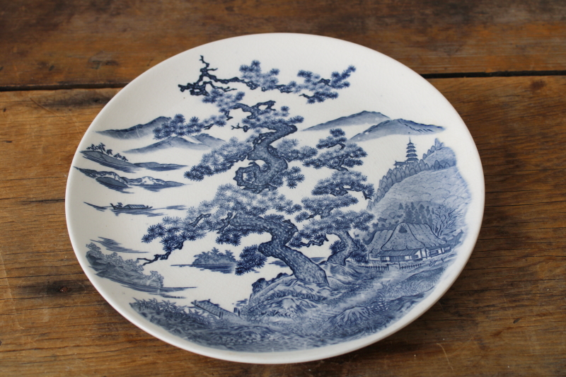 photo of vintage Japan Nara blue & white china plate, rural mountain scene w/ ancient tree & cottage  #2